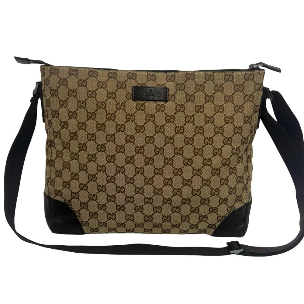 GUCCI GG pattern logo canvas leather genuine shoulder bag messenger crossbody...